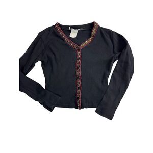 VTG 90's Black Ribbed Floral Embroidered Button Women Shirt, Y2K Dark Academia